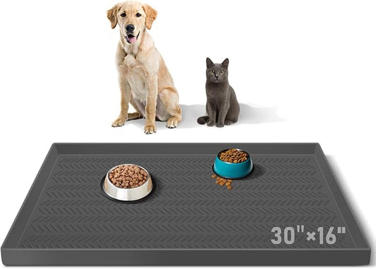 30”x 16” Silicone Dog Feeding Mat, Kalolary Waterproof Pet Feeding Mat with High Raised Edge Avoid Spill Out, Nonslip Dog Bowl Placemats Cat Feeding Mats for Floors Easy to Clean, Grey