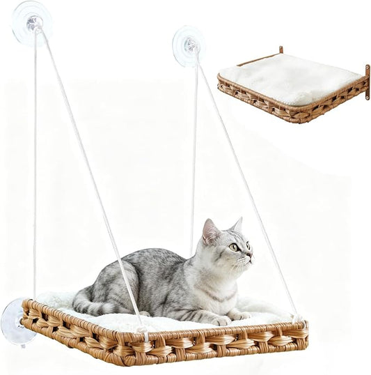 SETVSON Cat Window Perch 2-in-1 Cat Window Hammock Bed & Wall Shelves, Large Handwoven PE Rattan Kitty Seat, 4 Suction Cups,Double Sided Washable Cushion Bed, 2.3 Inch Fence Shelf, Pet Kittens Natural