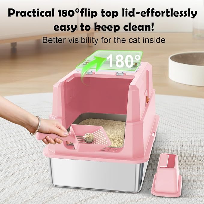 SZEE Stainless Steel Cat Litter Box with 180°Flip-Top Lid, Easy Clean XL Enclosed Litter Box, Large Covered Steel Cat Box with Scoop, Odor Control and Anti-Urine Leakage, 23.2 * 15 * 15 Inch, Pink
