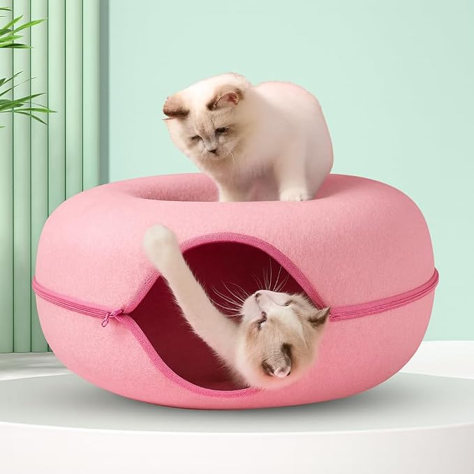 Pink Cat Tunnel & Donut Bed Cave for Indoor Cats – Large Felt Cat Toys Interactive Hideaway, No-Collapse, Scratch-Resistant, Washable Cat House, Cat Enrichment for Bored Indoor Cats & Kittens Gift Toy
