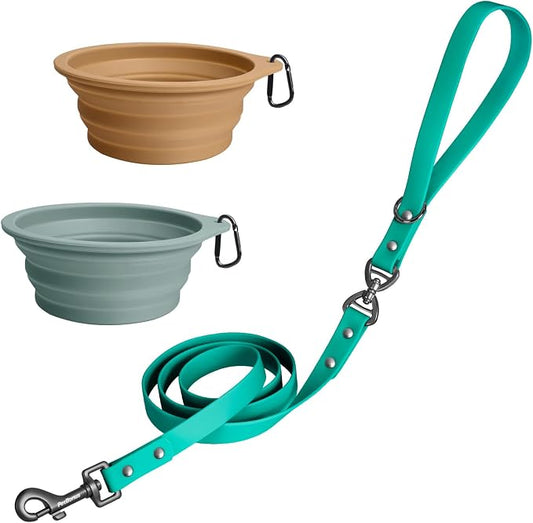 PetBonus 5 FT Waterproof Dog Leash and 2-Pack Silicone Collapsible Dog Bowls