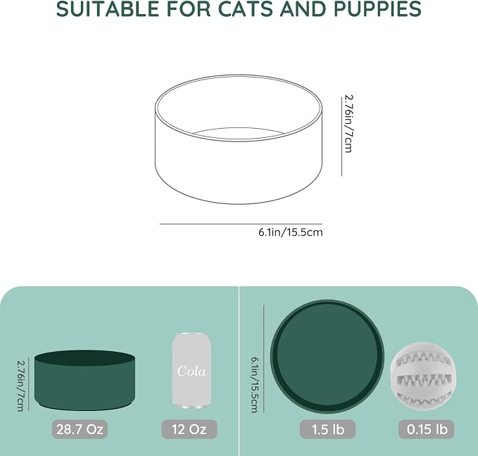 SPUNKYJUNKY 28.7OZ Ceramic Dog and Cat Bowl, Modern Cute Weighted Food Water Bowl for Replacement Green (2 Pack)