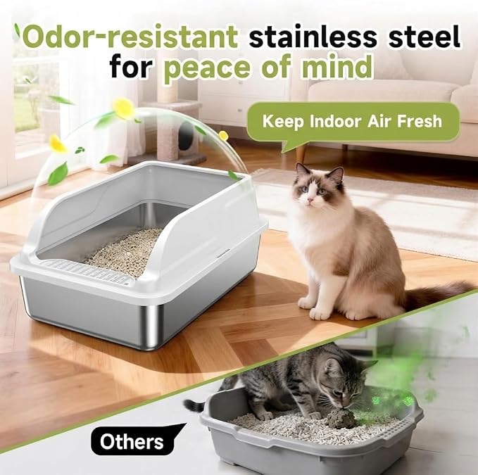 Stainless Steel Litter Box Metal High Sided Extra Large Cat Litterbox, Anti-Urine Leakage, No Odors, Easy Cleaning, Non-Stick, Include Scoop