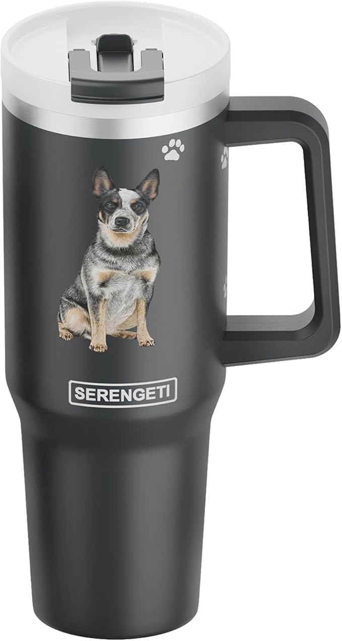 E&S Pets SERENGETI 40 Oz Ultimate Tumbler with Handle and Straw - Vacuum Insulated Tumbler with Straw and Lid - Stainless Steel Travel Mug for Pet Lovers - 3D Printing (Australian Cattle Dog)