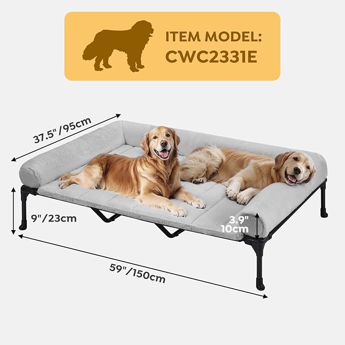 Veehoo Orthopedic Elevated Dog Bed with Fluffy Plush Bolster Cushion, Indoor Raised Dog Beds for Large Dogs, Soft Pet Sofa Cot with Removable Washable Mat, No-Slip Feet, 59 x 37 inches, Grey