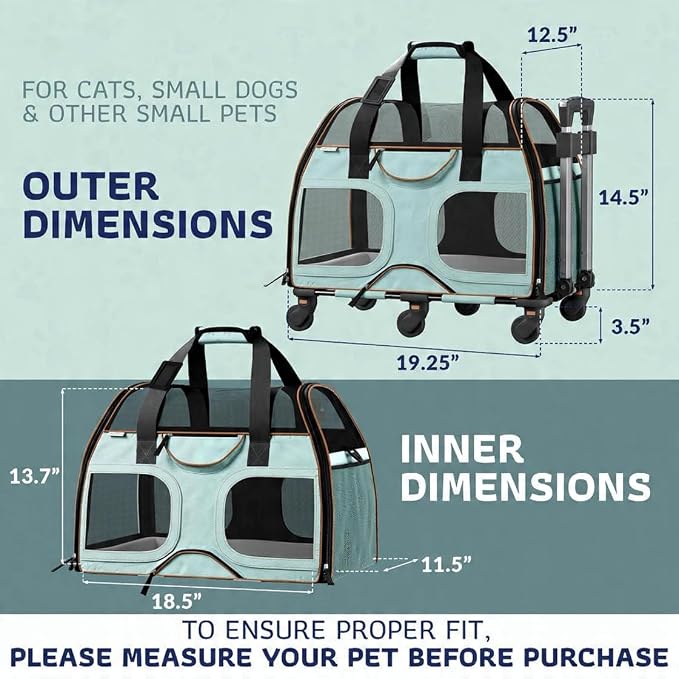 Airline Compliant Pet Carrier with Removable Wheels and Telescopic Handle