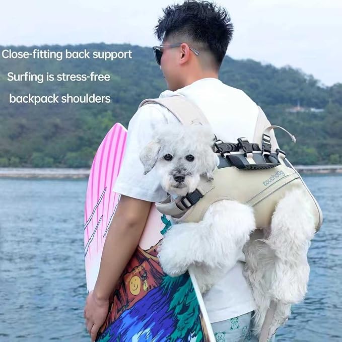 Dog Backpack Carrier for Large Dogs - Hands-Free Pet Travel Pack with 6-Point Safety System, Waterproof & Reflective Design for Motorcycle, Hiking, Surfing (Khaki Color, Small)