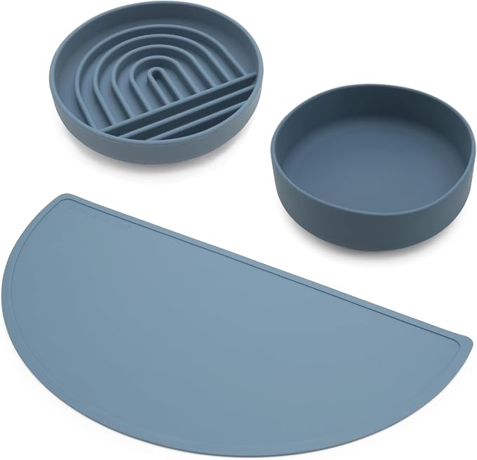 Should We Go? Silicone Pet Feeding Set - Slow Feeder Bowl, Waterproof Food Mat & Non-Spill Water Bowl - Non-Slip, Easy-to-Clean, Dishwasher Friendly for Dogs & Cats, Small-Ocean Blue