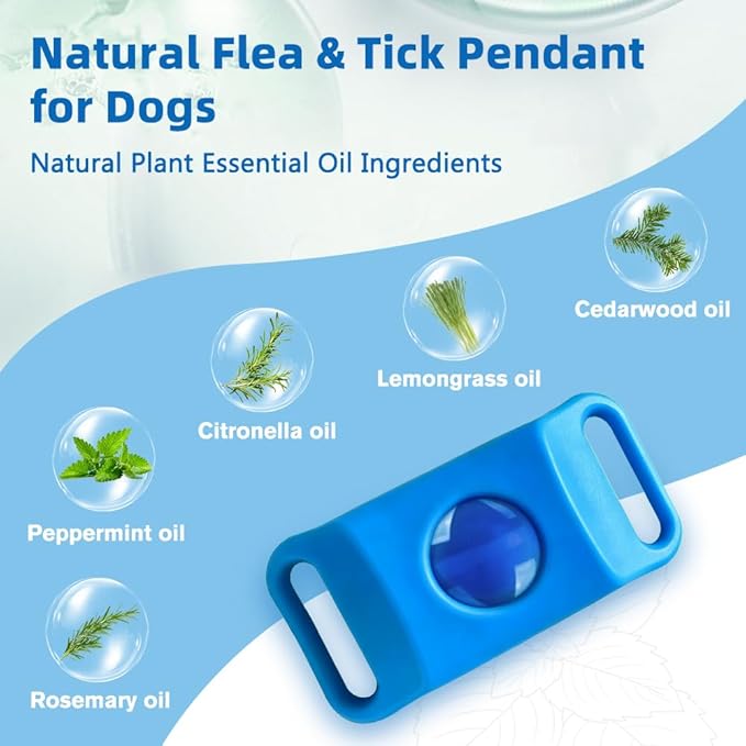 Natural Flea and Tick Prevention Pendant for Dogs Flea and Tick Collar, Waterproof Flea and Tick Repellent Dog Tag Safe for All Breeds & Sizes with 2 Silicone Buckles & 4 Refills, Collar NOT Included