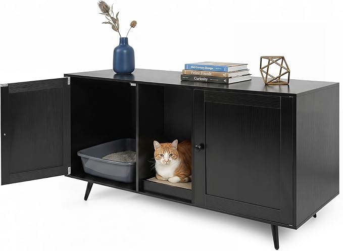 Tangkula Double Cat Litter Box Enclosure, Large Hidden Wooden Cat Cabinet for 2 Cats with Scratching Pad, Double Rooms, Versatile TV Stand Side Table for Indoor Living Room