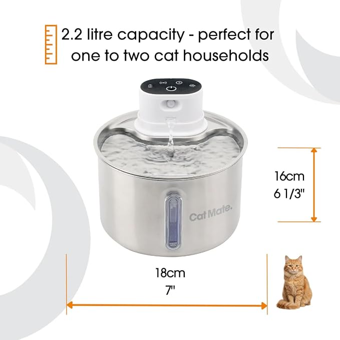 Cat Mate 2 Litre Stainless Steel Cat Water Fountain – Automatic Pet Water Dispenser for Cats, Filtered Drinking Fountain, Battery Operated