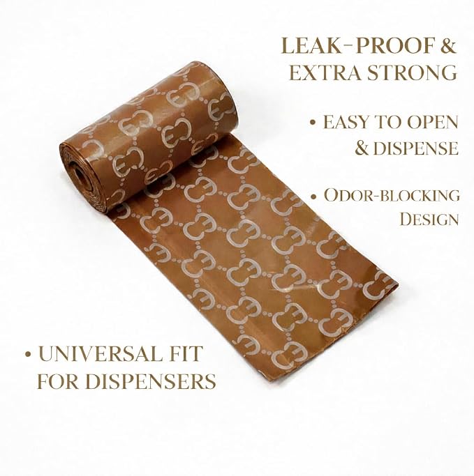 Everything Chic Designer Luxury Dog Poop Bags & Silicone Used Waste Bag Holder Set – Leak Proof Thick Durable Dog Waste Bags Refill Rolls, Easy-Tear Pet Waste Pickup Bags (GucchewiWasteBags, 240 Bags)