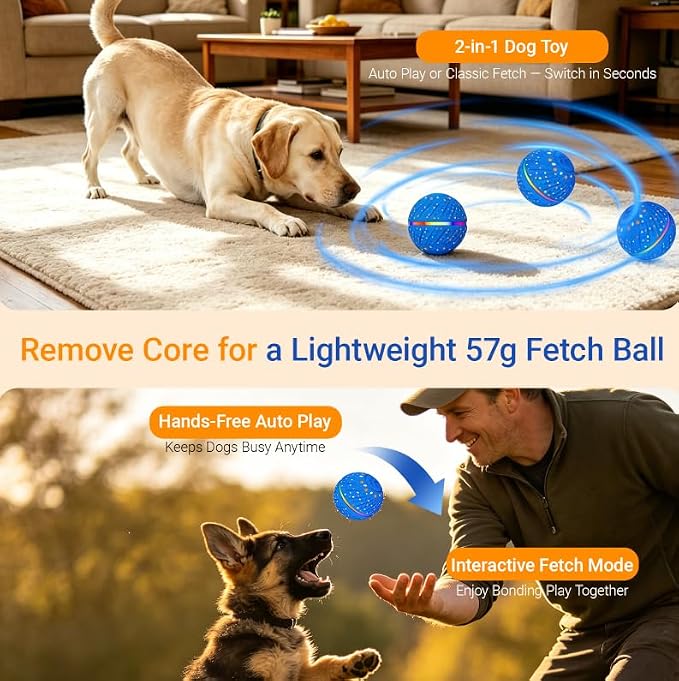 Interactive Dog Ball Toy for Small Medium Dogs – Automatic Rolling, Bouncing & Moving Dog Toy with LED Lights, 2-in-1 Fetch Toy, Durable E-TPU, USB Rechargeable (2.8” Blue)