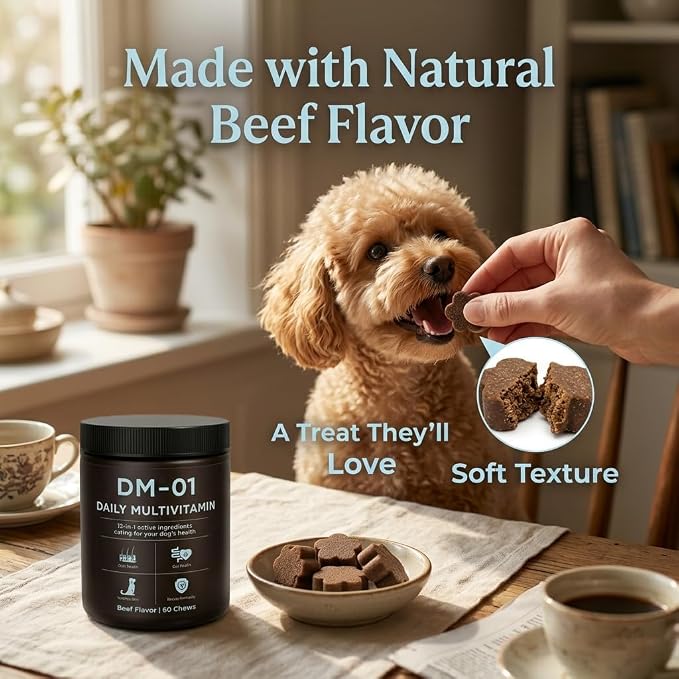 DM-01 Daily Multivitamin, Multivitamin Itch Relief Chews for Dog, with Folic Acid, Salmon Oil, Chondroitin & Natural Vitamins, Skin and Coat Healthy, Digestive & Boost Immunity, 60 Chews (Beef)