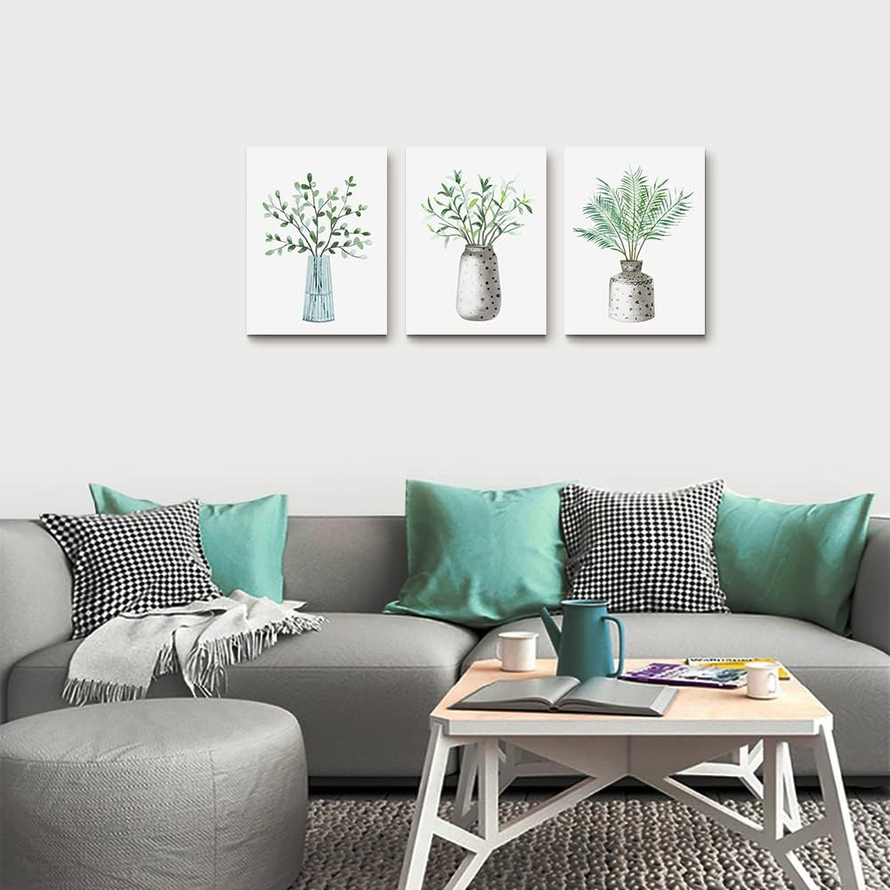 AHUASJART Canvas Wall Art - Paintings for Kitchen, Dining Room, Family Wall Decor - Green Leaf Vase, 3 Piece