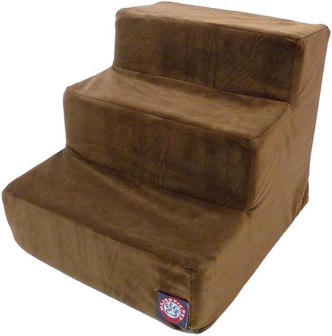 Majestic Pet 3 Step Suede Portable Dog Stairs for Small Dogs to get on Bed Supports 25 lbs or Less – Dog Steps for High Bed with Machine Washable Cover – Pet Stairs for Cats Chocolate Brown