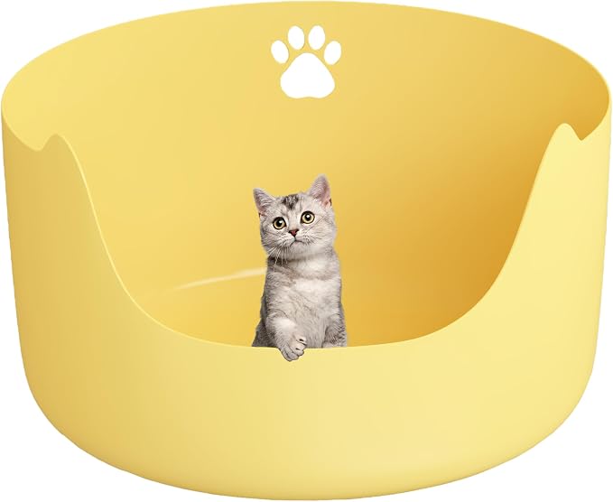High Sides Low Entry Large Litter Pan (21.6x21.6x13.1 Inches), All-in-One Easy to Clean Plastic Litter Box for Kittens, Elderly & Large Cats, Doubles as Stylish Cat Bed, Yellow