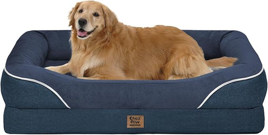 Chez Paw Large Orthopedic Dog Bed for Extra Large Dogs, Waterproof XL Egg-Crate Foam Dog Bed with Removable Washable Cover & Non-Slip Bottom, 4-Sided Bolster Support, Navy 42"x30"x7.5"