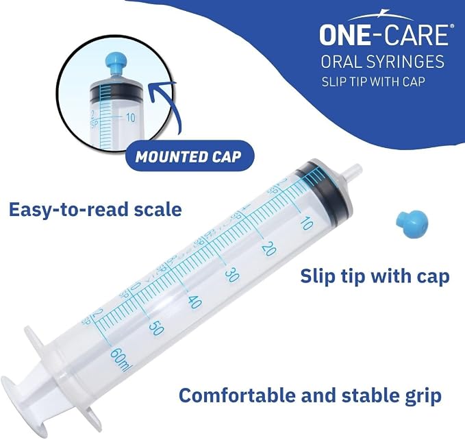 ONE-CARE 60ml Oral Syringe with Cap - Sterile, Individually Wrapped - 25 Syringes/box (25 Pack), Slip Tip, Syringe for Liquid, Versatiie use