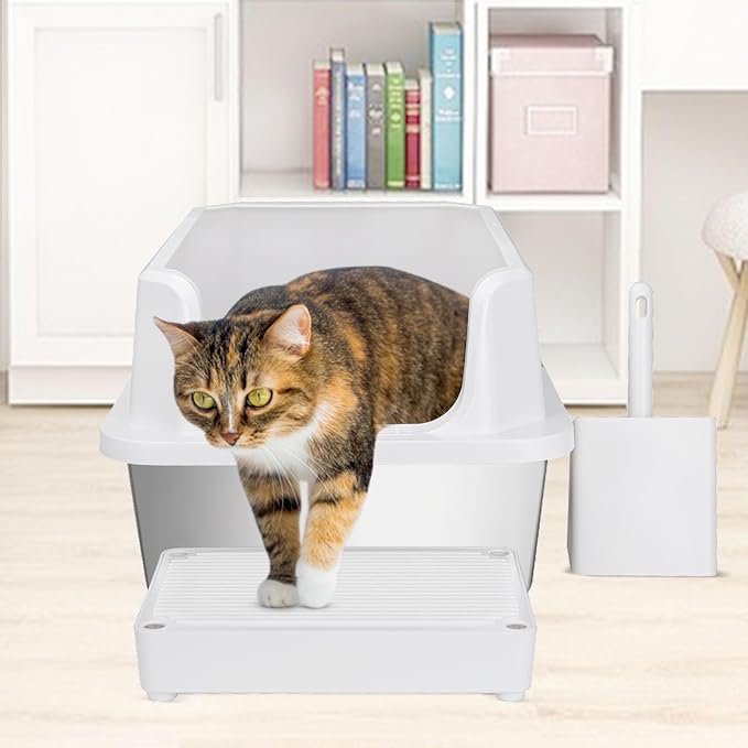RIZZARI Stainless Steel Litter Box: Large White Open Top Design with Odor-Resistant Steel & High Walls - Leakproof & Durable Teflon Coating- Ideal for Multiple Cats - Living Room Balcony Use