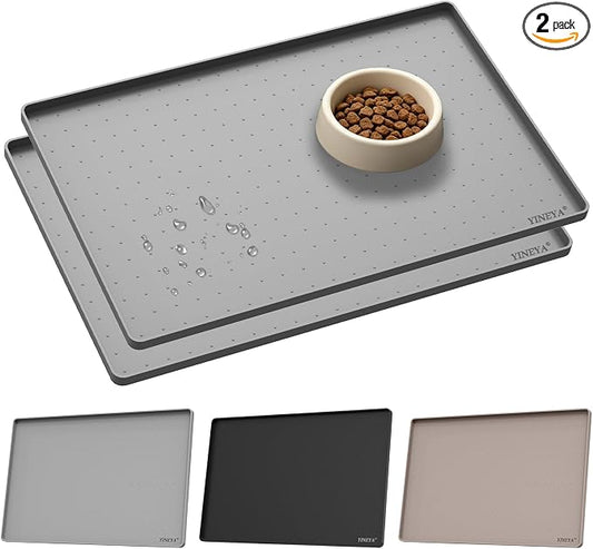 YINEYA 2 Pack Silicone Dog & Cat Food Mat Waterproof 22" x 14", Raised Edge Dog Bowl Mat for Food and Water, BPA-Free Non-Slip Pet Feeding Mats for Floors, Multifunctional Silicone Mat (Gray)