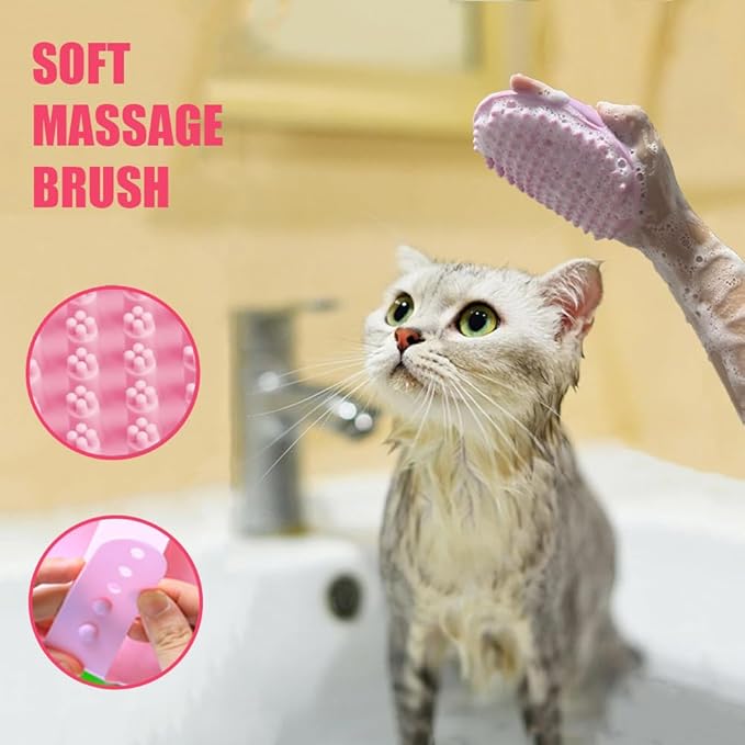 Cat Brush Towel 3pcs Grooming Kit - Bath Brush for Long-Haired Cats, Cat Brush for Indoor Cats with Flea Comb, Pink