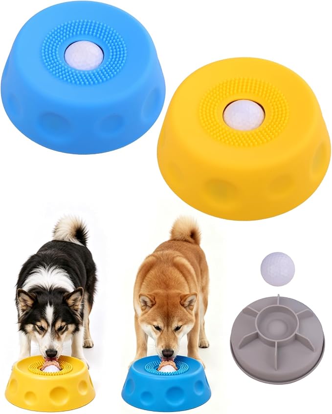 2 Pack Slow Feeder Dog Bowl with Rolling Ball, Interactive Lick Bowl for Dogs & Cats Anti-Slip Silicone Lick Mat for Liquid Treat Wet Food Bone Broth Enrichment Toy for Small Medium Large Dogs