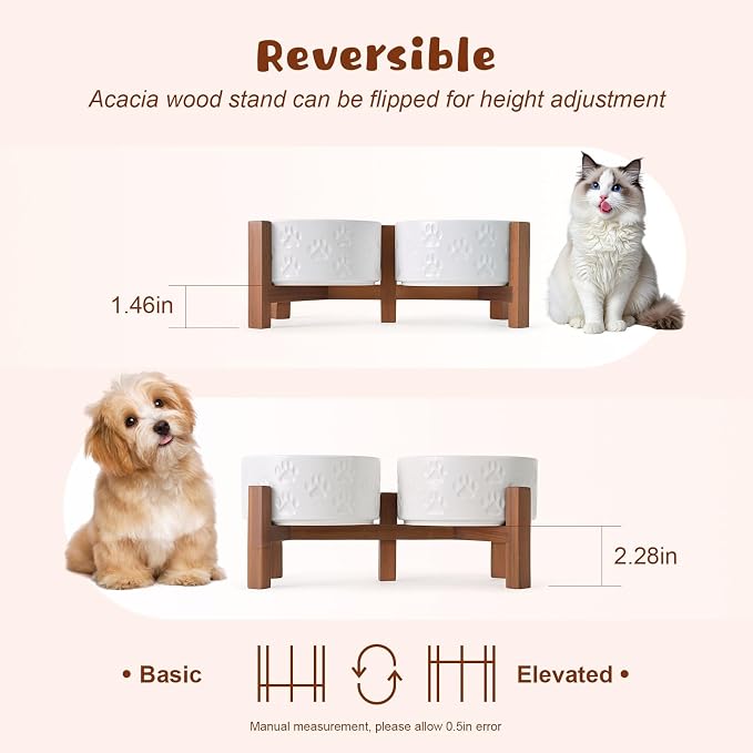 SPUNKYJUNKY Ceramic Elevated Dog Bowl Set with Acacia Wood Stand for Food and Water for Cats and Small Dogs (13.52 OZ, White, Dog Paw Pattern)