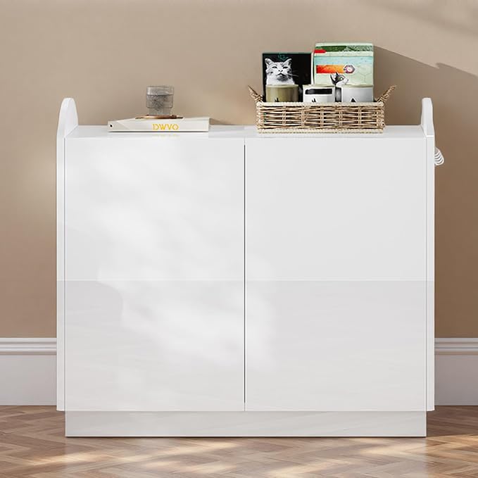 YITAHOME Hidden Cat Litter Box Enclosure, 31 Inch Litter Box Furniture with Hooks for Large Medium Cats, High-Gloss Wooden Cat Cabinet for Indoor Cats, White