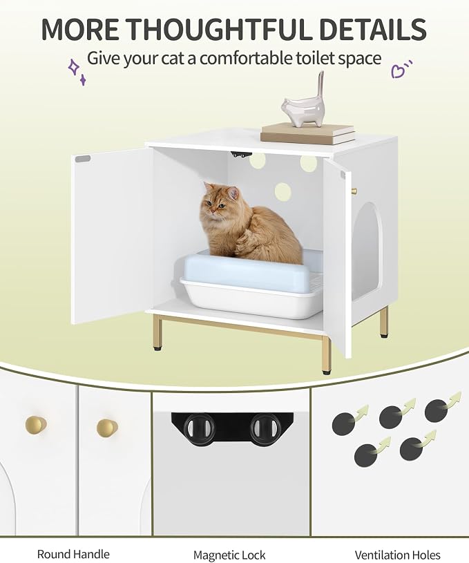 Hzuaneri Cat Litter Box Enclosure, Hidden Litter Box Furniture Cabinet, Wooden Indoor Cat House, Side End Table, Living Room, Bedroom, White and Gold CB81203G
