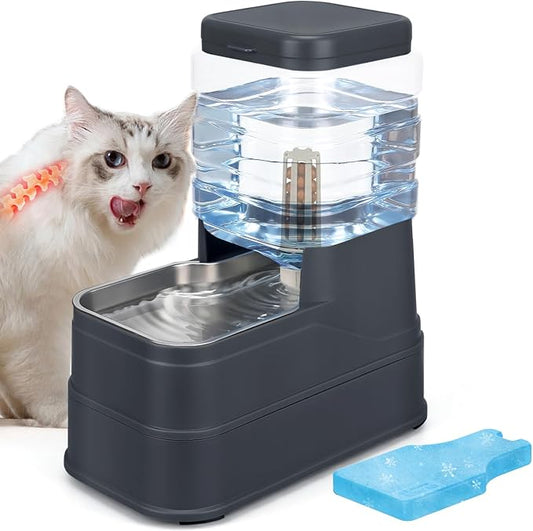 1.1 Gallon Pet Automatic Dog Water Dispenser Cat Gravity Waterer Feeder with Stainless Steel Bowl Large Capacity Puppy Feeding Raised Bowls with Filter,Ice Pack (Charcoal Gray, 4L(1.1 Gallon))