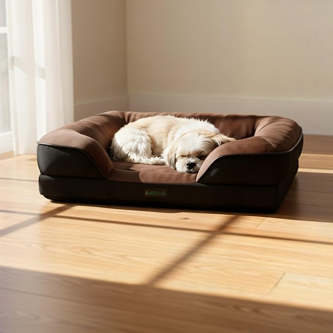 Orthopedic Egg-Shaped Sponge Dog Bed Small Size Dog with Sides, Removable Cover and Non-Slip Bottom (Brown, 24 * 18 * 6)