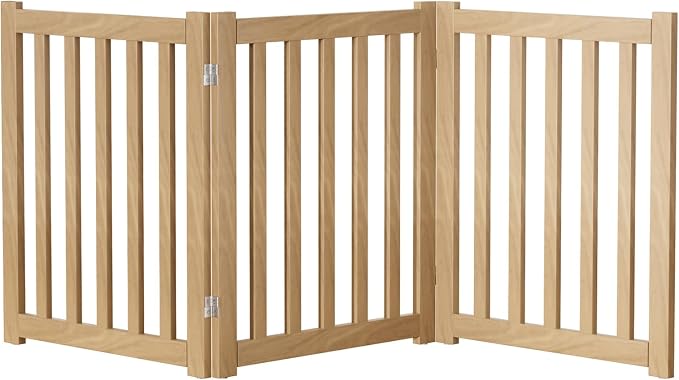3-Panel Solid Wood Dog Gate - Freestanding Folding Pet Gate for Doorways, Stairs, Indoor, 24" Height, No Installation Needed, Natural Wood