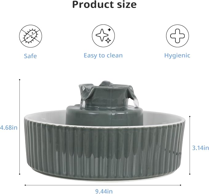 Ceramic Cat Water Fountain, 2.1L/71oz Cupcake Pet Water Fountain for Cats and Dogs, Automatic Pet Drinking Fountain,Double Filtration System, Easy to Clean, 360°Drinking Water (Grey Fountain)