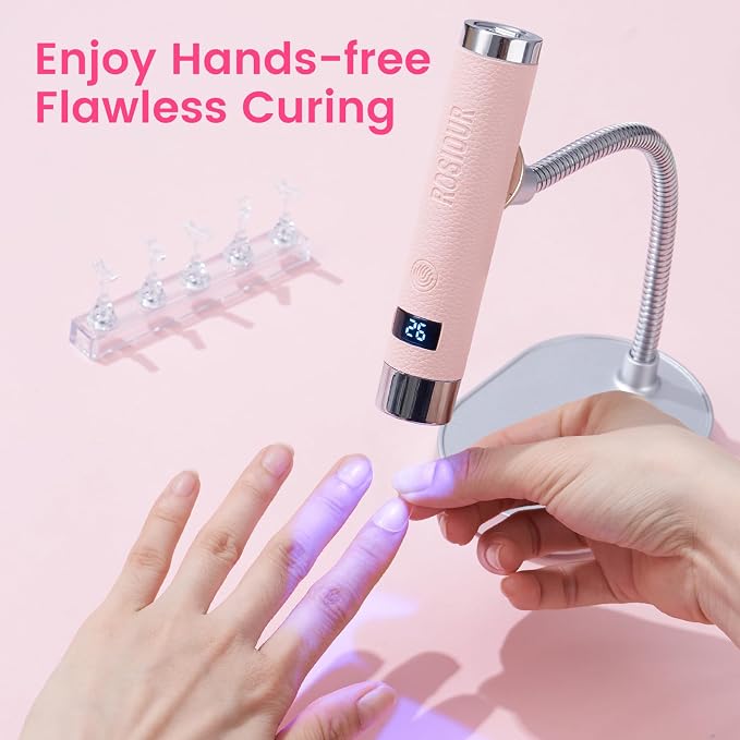 Mini U/V Lamp for Gel Nails- Rechargeable Handheld Nail U V Led Curing Light with Stand- Flash Cure Fast Dry U/V Lamp with Auto Sensor for Home Manicure and Salon (Pink)