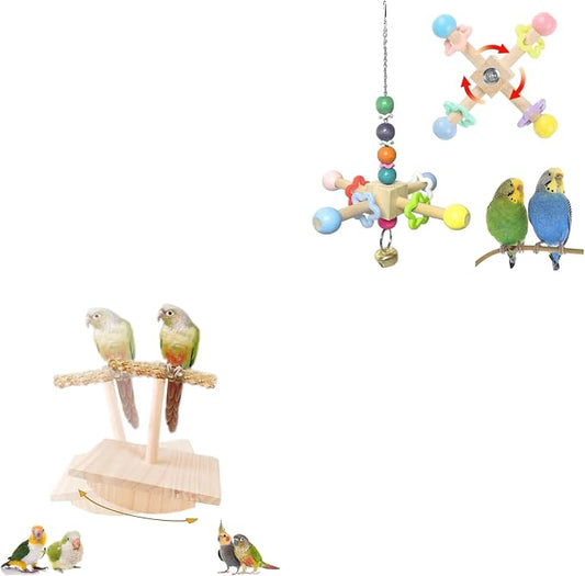 Natural Wood Bird Spinner & Perch Set (2PCS) - Chewing Hanging Toys with Bells & Training Stand for Cockatiel, Conure, Lovebird, Budgie, Quaker - Puzzle Enrichment