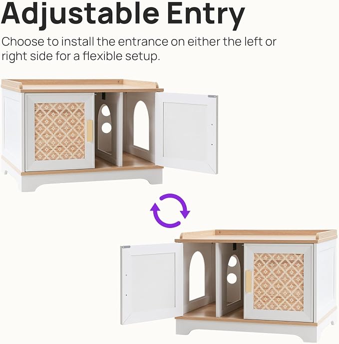Boho Cat Litter Box Enclosure Furniture, Hidden Litter Box Cabinet with Rattan Doors, Modern Cat Washroom, Wooden Cat House with Reversible Entrance & Top Perch (29.6”L x 21”W x 20.8”H)