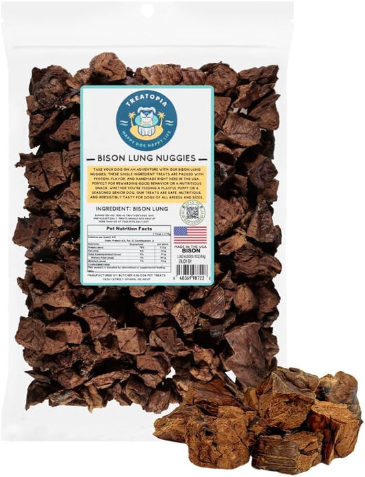TREATOPIA Bison Lung Nuggies Bites Dog Treats, 8 Ounce Bag - All-Natural, Sustainable, Healthy, Premium High Protein, Hand-Trimmed, Slow-Roasted, Made in The USA, Nutritious, No Additives, No Fillers