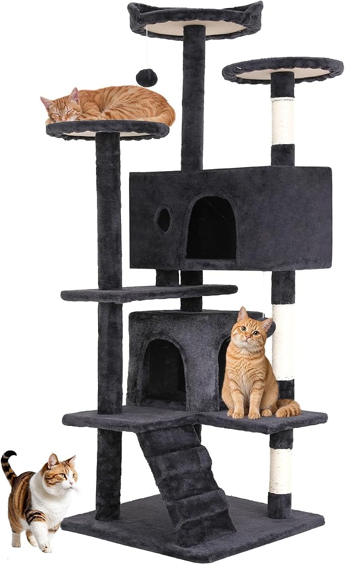 BestOffice 54 Inch Cat Tree, Multi-Level Cat Tower with Condo, Perches, Sisal Scratching Posts, Climbing Ladder,Indoor Activity Center Play House for Kittens & Adult Cats, Dark Gray