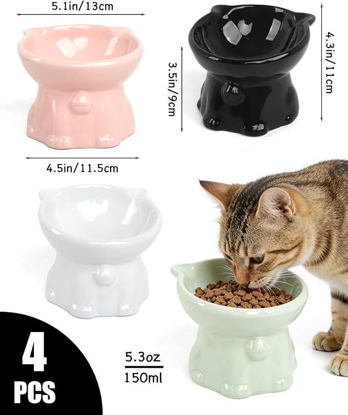 Ceramic Elevated Cat Bowls, 4 Pack 5 Oz Whisker Friendly Cat Bowls Cats Food Bowl Cats Food Dishes for Cats, Small Dog, Kitten, Microwave & Dishwasher Safe, 5.1 x 4.3 inch