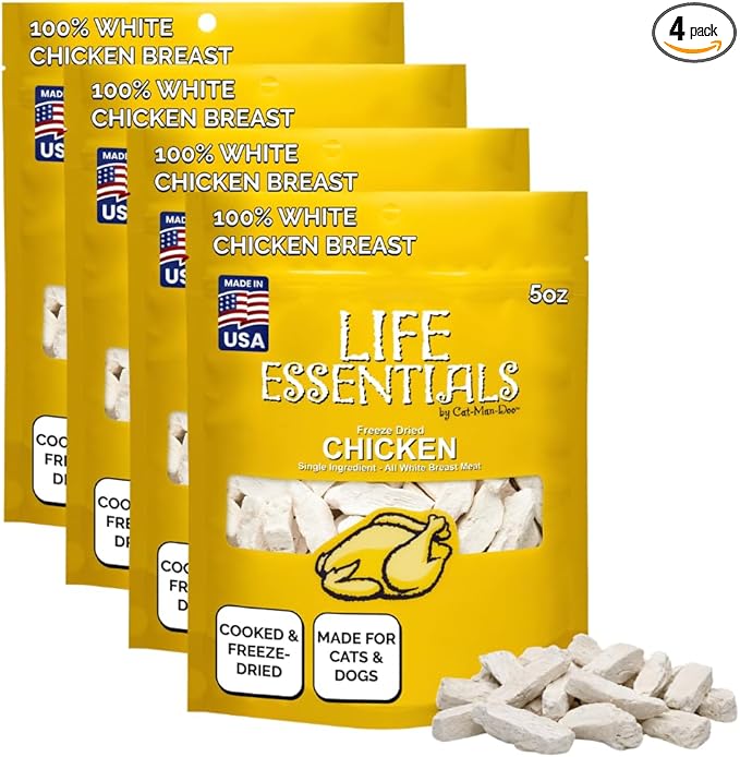 Life Essentials by Cat-Man-Doo | Chicken - 4 Pack of 5oz. Bags | Freeze Dried Chicken Cat & Dog Treats | Healthy, Single Ingredient, Training Treats, High Protein