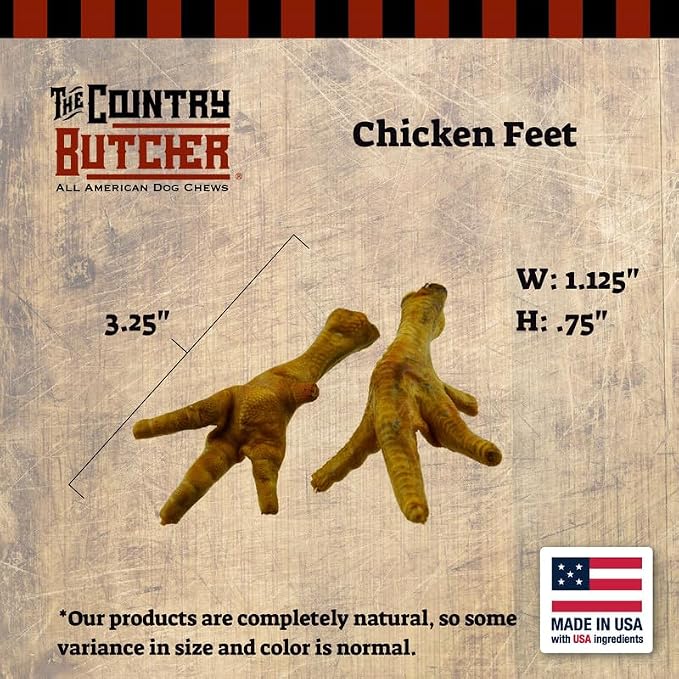 THE COUNTRY BUTCHER Chicken Feet Dog Treats for Small, Medium and Large Breeds, Natural Chew, Rich Source of Glucosamine and Chondroitin, Made in the USA, 30 Count - Rawhide Free, Nails Removed