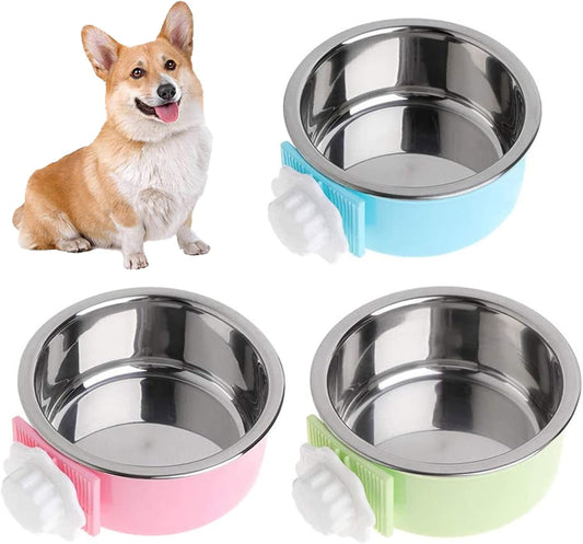 kathson Crate Dog Bowl, Removable Stainless Steel Hanging Pet Cage Bowl Food & Water Feeder Coop Cup for Cat, Puppy, Birds, Rats, Guinea Pigs 3pcs(Blue,Green,Pink)