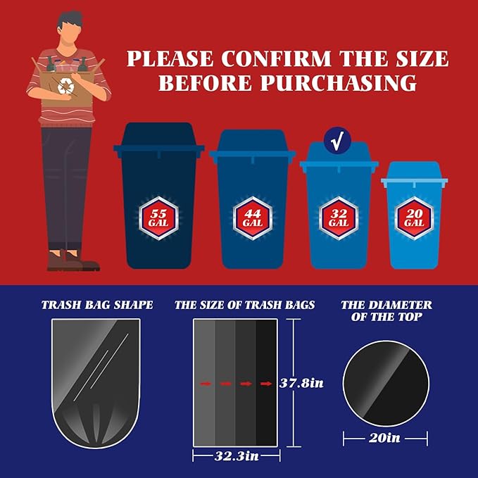 Teivio Black Large Trash Bags 30-33 Gallon 300 Count | Large Multipurpose | Fit 23,25,30,33 gallon Garbage Bin Liner | Kitchen | Lawn And Leaf Bags Outdoor Yard Waste Bag | Workshops Trash