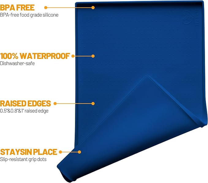 Hubulk Dog Feeding Mat,100% Waterproof BPA Free Silicone Pet Food and Water Bowl Placemat,Dishwasher, High Raised Edge to Prevent Spills,Nonslip Tray to Stop Messes on Floor (24"x16"x0.5", Navy)