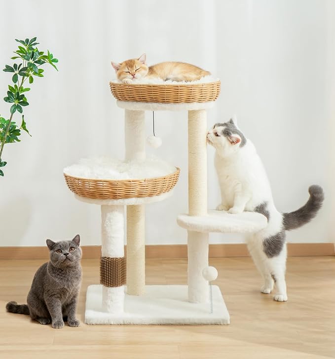 Made4Pets 32in PE Rattan Cat Tree Tower, 2 Large Handwoven Nest Baskets with Soft Cushions, Scratching Post, Stable Wicker Cat Tree with Groomer & Hanging Ball Toys for Adult and Kittens