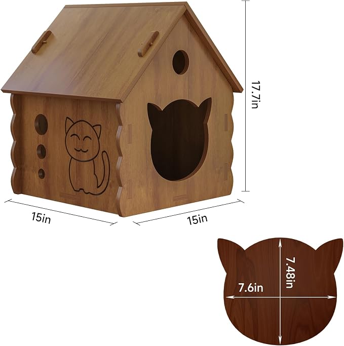 Cute Gable Roof Small Wooden Cat House, Indoor Outdoor Multi-Ply Wood Cat Shelter with Rainproof Windproof, Easy Assemble Move & Clean, Breathable Cat Hut for Kittens (Brown)