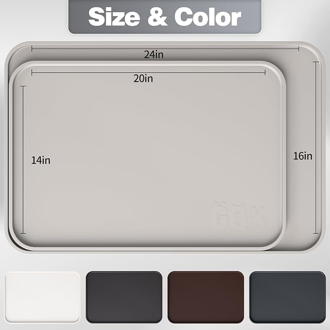Silicone Dog & Cat Food Mat with Raised Edge, 20"x14" Extra Thick Waterproof Non-Slip Pet Feeding for Food and Water Bowls, Spill Proof Mat to Protect Floors, BPA Free Dishwasher-Safe,Beige Gray