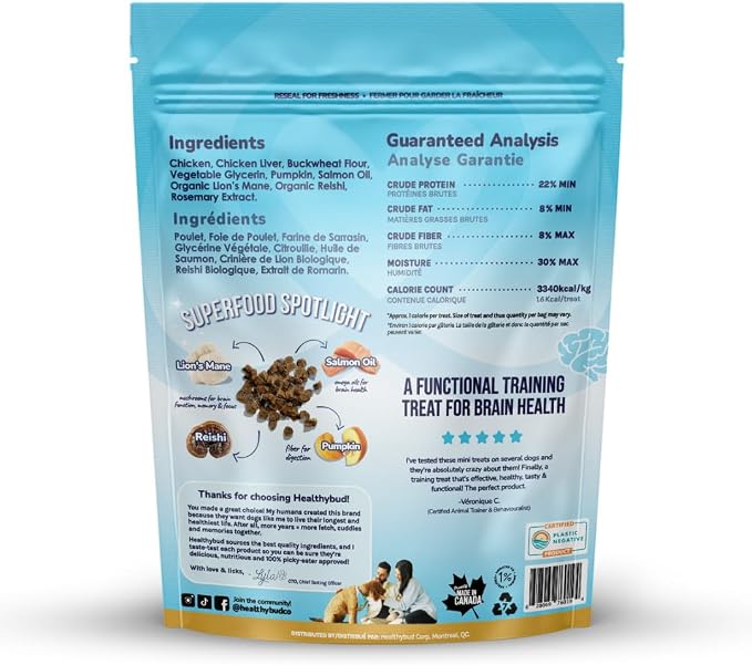 healthybud Mini Dog Training Treats - Beef Liver Soft Trainer Bites, 500+ Bits, 1 kCal per Bite, 6.5oz, Reishi, Lion’s Mane, Salmon Oil, Puppy Chews (Chicken)