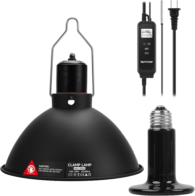 REPTITRIP 8.5 Inch Reptile Heat Lamp Fixture with PID Thermostat & 150W Ceramic Heat Emitter (Non-Light Emitting), Independent Day & Night Temperatures, Lampshade MAX 150W